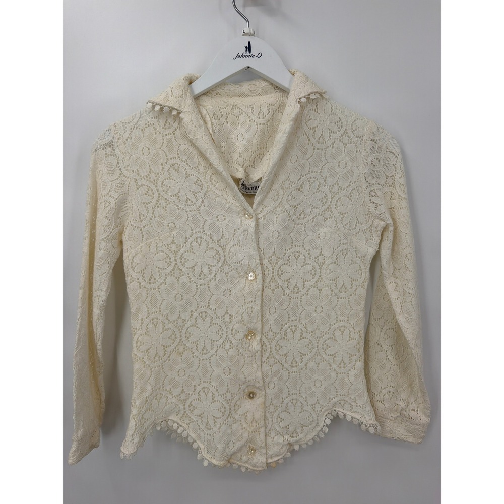 Vintage Bob Devore Hollywood Cream Floral Lace Button Up‎ Blouse Pom Pom Trim